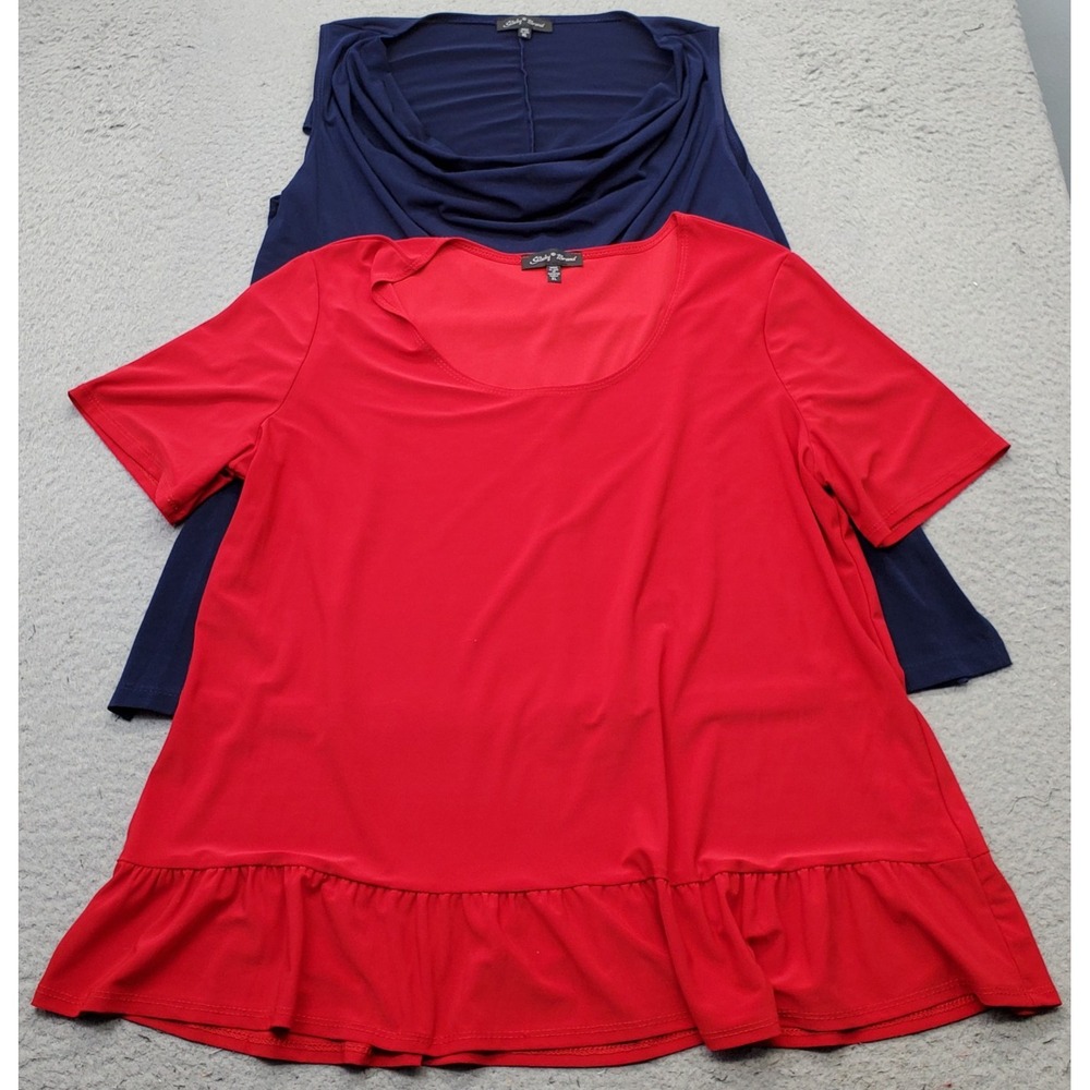 Lot of 2 Slinky Brand Tunic Top Womens XL Multi Scoop Neck Ruffled Hem Pullover